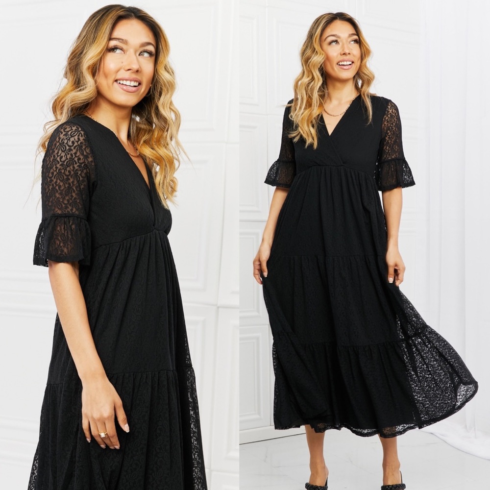 Black Lace Flounce Sleeve Midi Dress